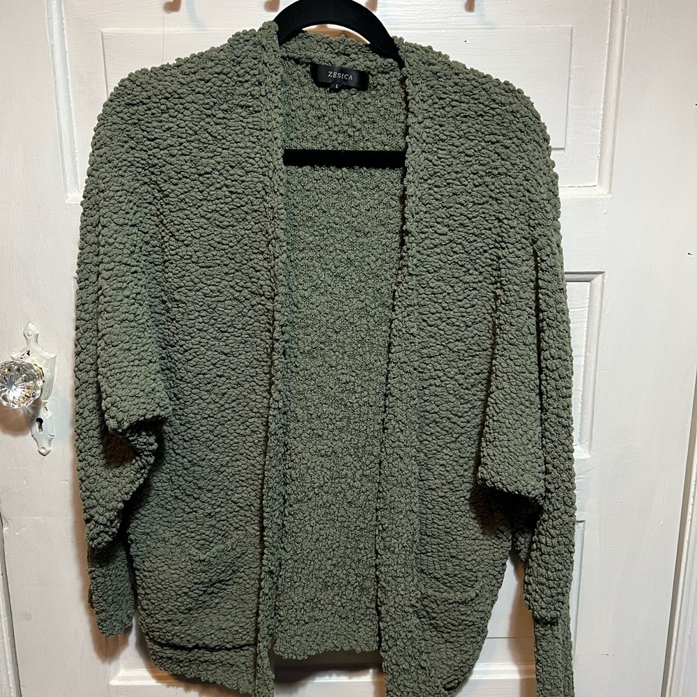 Cozy Green Cardigan Plush Textured Sweater with Pockets